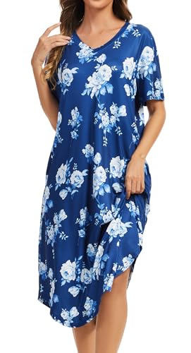 Image of Kabento Nightgowns for Women Cotton Short Sleeve Long Night Gowns with Pockets