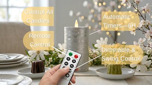Image of Shiny Metallic Silver Flameless Pillar Candles, Patented 3D Realistic Moving Flickering Flame with Remote Timer, Battery Operated 400hrs for Wedding, Holiday, Party, Decor, Gift(Set of 3)