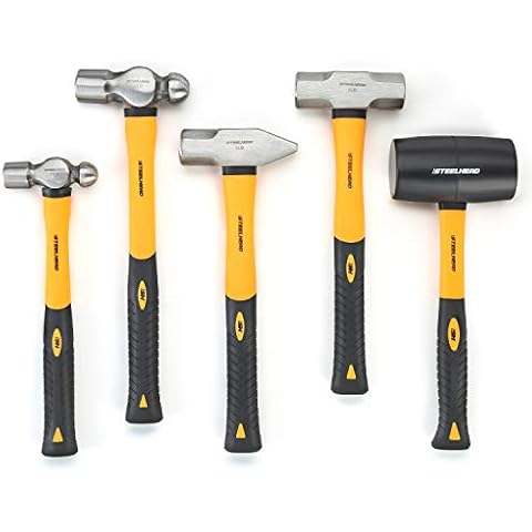 STEELHEAD 5-Piece Fiberglass Handle Hammer & Mallet Set, 16oz Ball-Peen Hammer, 32oz Ball-Pein Hammer, 32oz Rubber Mallet, 3lb Sledge Hammer, 3lb Cross-Pain Hammer, Metal Working, USA-Based Support Cover