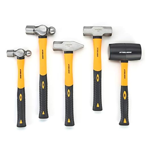 STEELHEAD 5-Piece Fiberglass Handle Hammer & Mallet Set, 16oz Ball-Peen Hammer, 32oz Ball-Pein Hammer, 32oz Rubber Mallet, 3lb Sledge Hammer, 3lb Cross-Pain Hammer, Metal Working, USA-Based Support