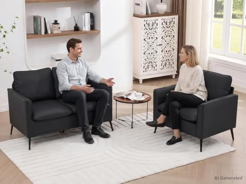 Image of TYBOATLE Leather Loveseat Sofa and Accent Chair Set (Black, 2)