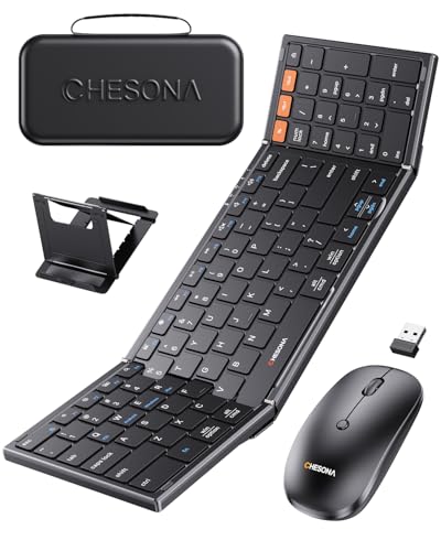 CHESONA 折りたたみ式キーボードとマウスのコンボ - ウルトラスリム 600g 2.4G + デュアルBluetoothコンパクトワイヤレス折りたたみキーボード スタンド付き - ビジネス/旅行用 ケース付きポータブル - Win/Mac/iOS/A