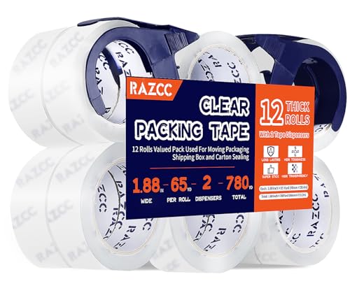 RAZCC Packing Tape, 12 Rolls Clear Heavy Duty Packaging Tape with Dispensers for Packing, Shipping, Moving and Mailing, Thicker Sealing Tape-1.88" x 65 Yards Per Roll, 780 Total Yards