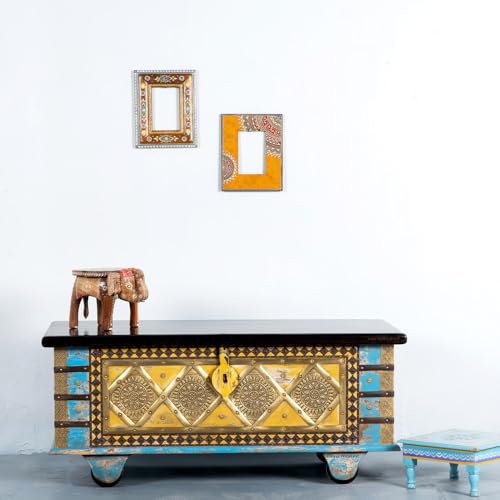 Image of Funi Wooden Trunk Box for Storage | Solid Wood Coffee Table for Living Room | Handcrafted Center Tea Table with Sandook Storage for Living Room | Pitara for Home and Bedroom (Blue Distress)