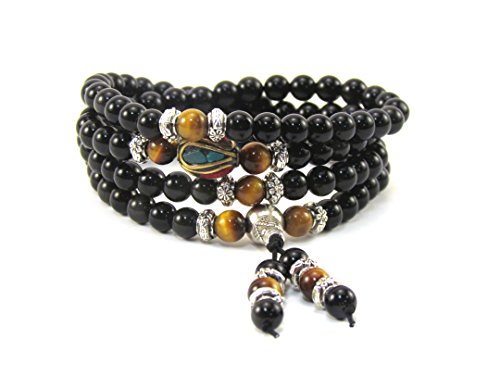 Image of Mala Beads Stretch Bracelet Black Obsidian & Tiger Stone, Buddhist Prayer Beads, Yoga Bracelets, Wear for Daily Meditation & Spiritual Growth, 6mm Meditation Beads, Unisex