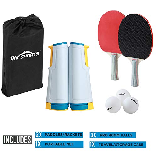 Ping Pong Net Table Tennis - Win SPORTS Paddle Set with Retractable Net,Play Anywhere Ping Pong Net for Any Table,2 Table Tennis Paddle& Rackets,3 Balls,Storage Case