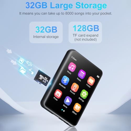 Image of AUDIOCULAR M31 32GB Portable Mp3 Music Player with Bluetooth, 2.4 inch LCD Touch Screen, Video Playback, Built-in Speaker, Voice Recording Function Mini HiFi Lossless Digital Audio Player (32GB - Black)