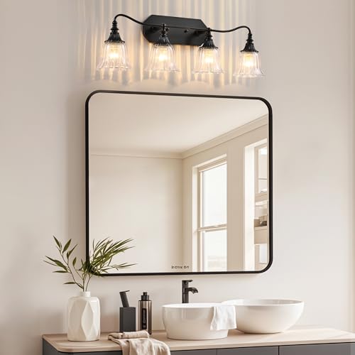 Image of LmnLvn 4-Light Bathroom Vanity Light, Matte Black with Crystal Glass Shade