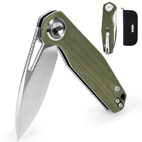 Image of Pocket Folding Knife,3.15 inch D2 Steel Blade,Green G10 Handle,Push Button Lever Lock,Pocket Knife with Pocket Clip for Outdoor,Survival,EDC