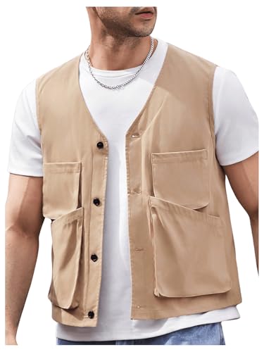 Verdusa Men's Button Up Sleeveless Utility Cargo Vest Jacket Waistcoat with Pockets