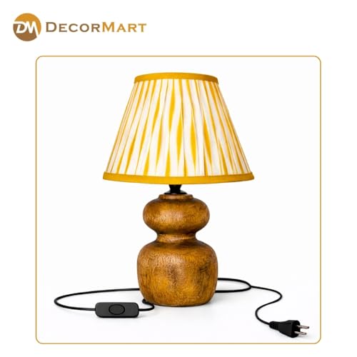 Image of The Decor Mart Printed Shade Table Lamp with Wooden Base|Sleek Decor Decorative Beside Light for Desk,Bedroom, Living Room, Home Office and Hotel(20x20x30 cm) (Yellow)