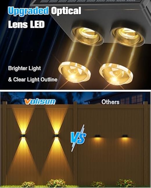 VOLISUN Solar Fence Lights 6 Pack, Color Glow LED Up and Down Wall Lights, IP65 Waterproof Solar Lights Outdoor for Patio, Backyard, Railing, Deck, Fence and Wall (4 Lenses)