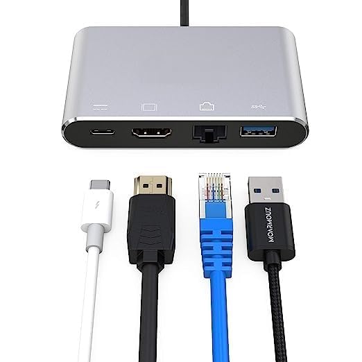 Image of USB HUB 4 in 1 USB-C to HUB HDMI, Ethernet, USB 3.0, USB Type-C Adaptor Converter for Type C Laptops and Desktop, Grey (USB C to 4 in 1 with RJ45 HUB)