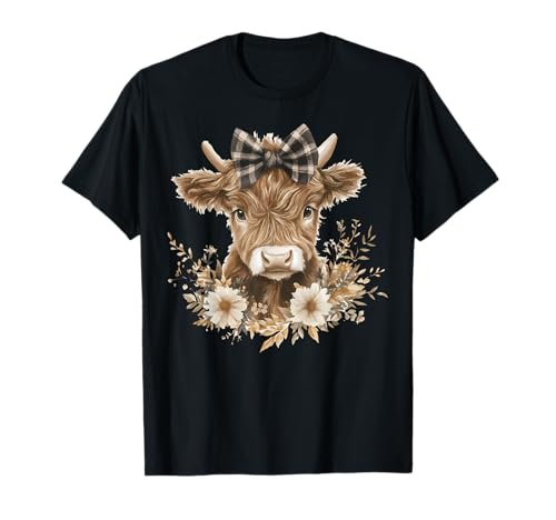Highland Cow with Bow Flowers Cute Floral Cow Girls Women T-Shirt