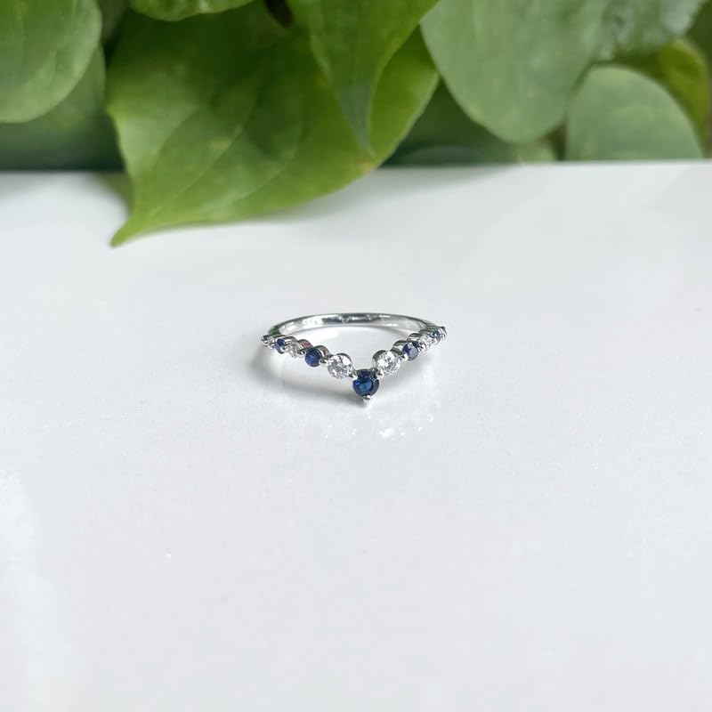 Alternate Blue Sapphire & White Diamond Chevron V Shape Wedding Band For Women, 14k White Gold Finish Blue Sapphire Matching Contour V Shape Ring3