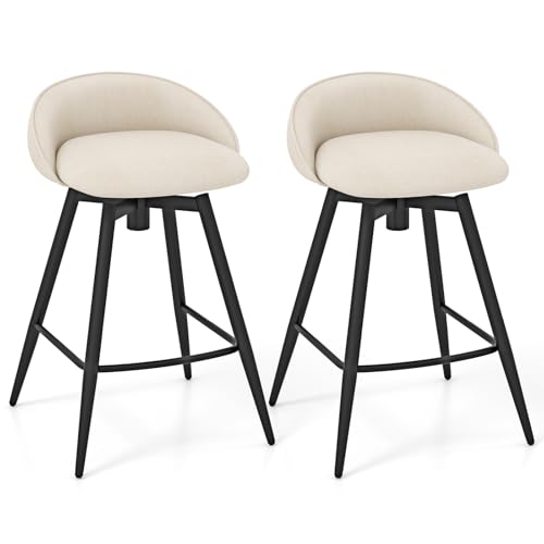 GIANTEX Swivel Bar Stools Set of 2, 25" Counter Height Bar Chairs with Footrest, Low Backs & Metal Frame, Upholstered Line Fabric Barstools for Kitchen Island, Cafe & Pub, Beige