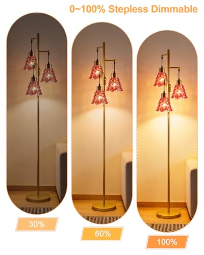 Image of Lightdot 67 inch Glass Floor Lamps for Living Room, 3-Light Dimmable Floor Lamp with Rose Red Glass Shade& Bulbs Included, Mid Century Standing Tall Lamp with 5Lbs Heavy Base for Bedroom /Sofa Beside-Gold