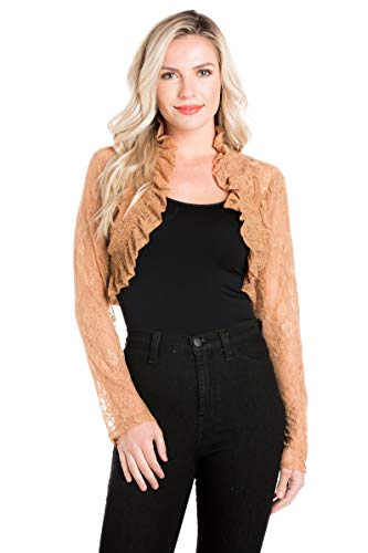 Juniors Long Sleeve Lace Smoked Shrug Bolero, Cropped Jacket Short Cardigan (Juniors` X Large, Taupe)