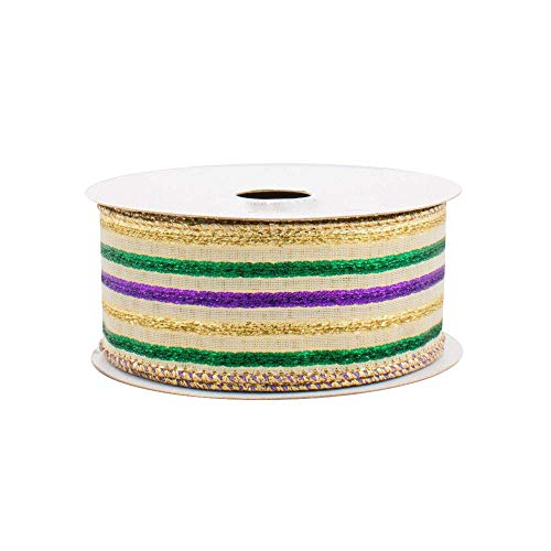 Image of Lame Striped Mardi Gras Ribbon - 2 1 /2 inch x 10 Yards, Wired Edges, Purple, Green and Gold Stripes, Easter, Fat Tuesday, Carnival, Christmas Decor, Spring, Holiday Garland, Gifts, Wrapping, Wreaths, Bows