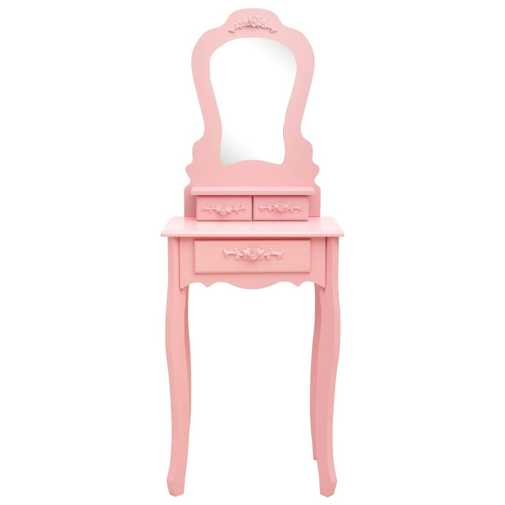 Juego de tocador con taburete de madera de paulownia rosa, 50 x 59 x 136 cm, con espejo, 1 cajón grande, 2 cajones pequeños, para dormitorio, baño, niña