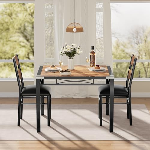 GarveeHome Dining Table Set for 2, Dining Table with 2 Upholstered Chairs, Wood 3-Piece Kitchen Dining Room Table Set with Corner Protector for Small Space, Kitchen, Apartment, Rustic Brown