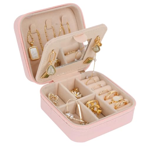 Image of Travel Jewelry Case Box Organizer with Mirror, Jewelry Storage,Pink,1 Pcs