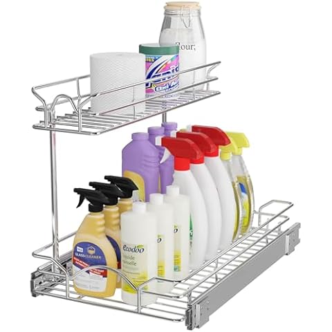 OCG Under Sink Cabinet Organizer Two Tier Pull Out Shelf (11.75W x 17D), Under Sink Sliding Shelf for Kitchen Bathroom Cabinet 2 Tier Chrome Cover