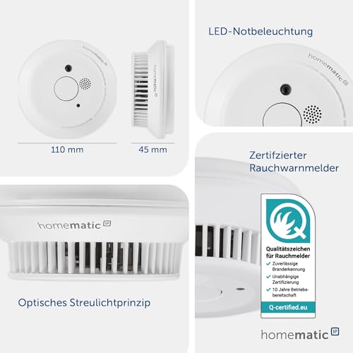 Homematic IP Smart Home Rauchwarnmelder mit Q-Label, Rauchmelder alarmiert lokal über die Sirene...
