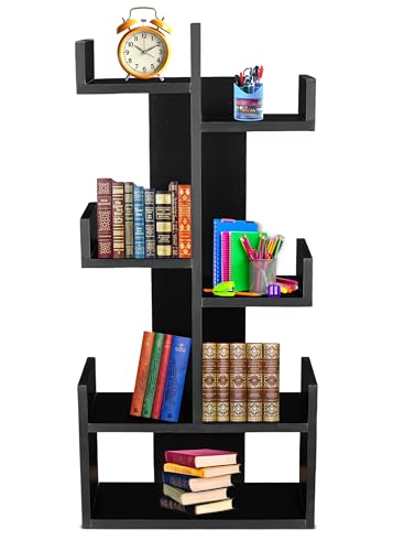 Image of SBF Furniture Tree Bookshelf Floor Standing Bookcase Free Standing Multipurpose Storage Rack for Books Magazines Organizer Showcase DIY (KURTIZ - Black, KURTIZ)