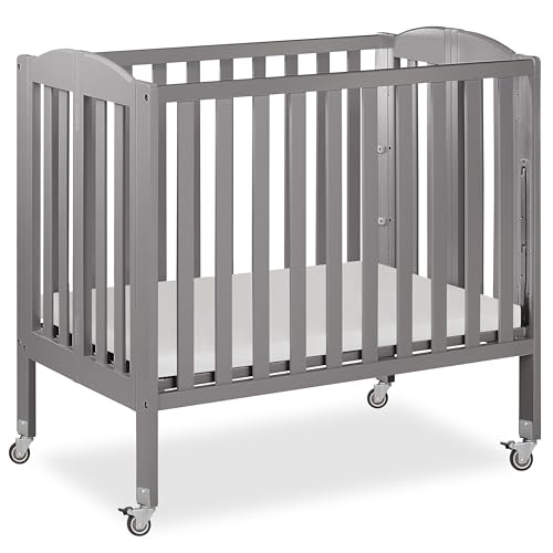 Dream On Me 3-in-1 Portable Folding Stationary Side Mini Baby Crib in Steel Grey & Mattress, GreenGuard Gold & BSA, Use as Changer & Playpen, Locking Wheels, 3 Mattress Heights, Extra Firm Mattress