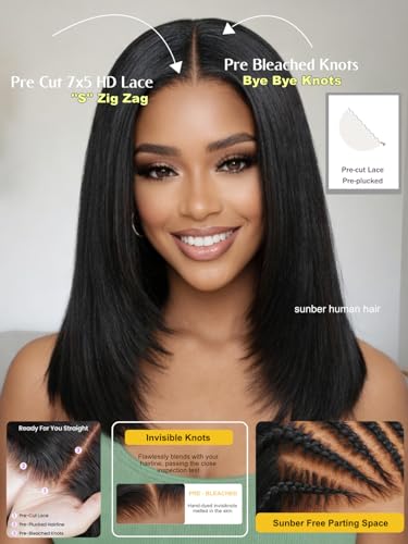 Image of Sunber Layered Yaki Straight Bob Drawstring Wig Human Hair 7X5 Bye Bke Knots Glueless Wigs No Slip Short Yaki Bob Wig 180% Density Bleached Knots Pre Plucked 10inch