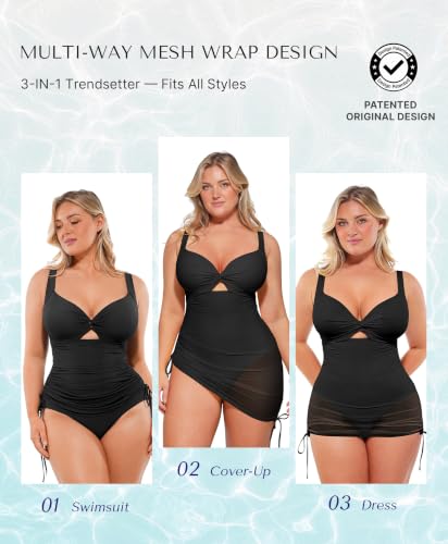 Image of SHAPELLX Tummy Control One Piece Swimsuit with Mesh Wrap Skirt Swim Dress