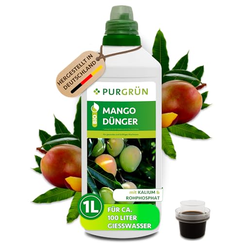 Purgrün® Bio-Mango-Dünger 1 Liter – Schnelles, gesundes Wachstum – Für den Bio-Anbau zugelassen – Hohe Widerstandsfähigkeit dank extra Kalium – Ergiebiges Konzentrat für 100 Liter Gießwasser