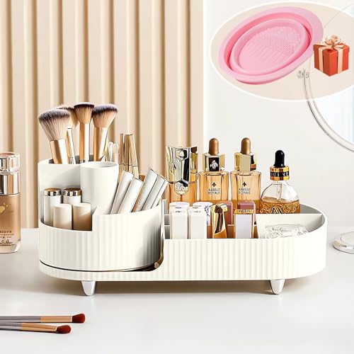 Make up Organizer 360° Drehbar, Großer Bad Kosmetik Organizer mit Aufbewahrungsbox für Schminktisch – Inkl. Makeup Pinsel Reiniger (Weiß)