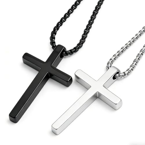 ONBPIY 2 Pcs Cross Necklace for Men and Women, Stainless Steel Christian Pendant with 45CM Titanium Steel Chain, Religious Jewelry Set in Silver and Black for Boys and Girls