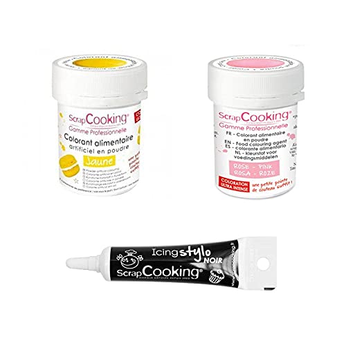 2 colorantes alimentarios en polvo rosa palo-amarillo + tubo de glaseado negro
