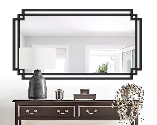 Image of 24 inch x 47 inch Large Black Mirror for Wall Decor, Elegant Living Room Mirror with Irregular and Rectangular Metal Frame, Modern Bathroom Mirror Above Sink