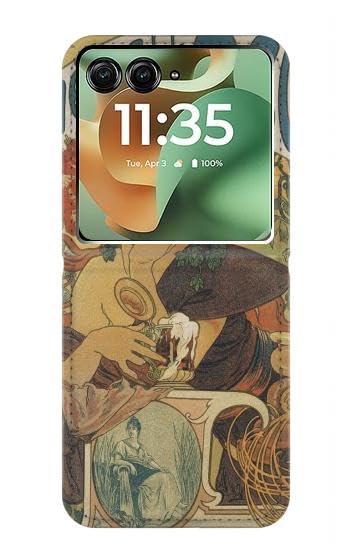 Housse cuir Motorola Razr 70+ Alphonse Mucha, étui clapet luxe style Art Nouveau