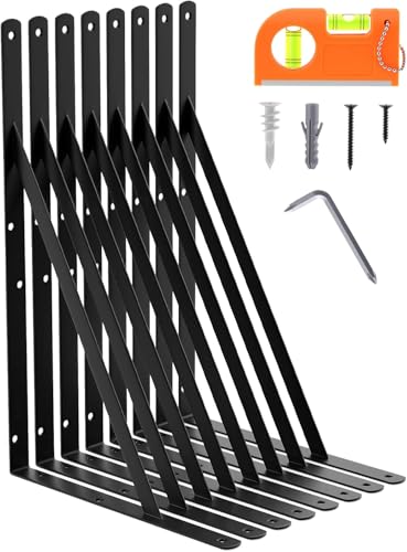 8-Pack 14 Inch Heavy Duty Shelf Brackets, Large Floating Wall Bracket for Garage Storage Shelves, Black Powder-Coated Finish, Load Capacity 800lbs