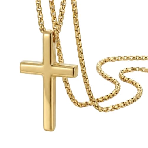 Image of 14K Gold Cross Necklaces for Men,Crosses Pendant Necklace for Mens Minimalist Religion Jewelry Chunky Box Chain 24in