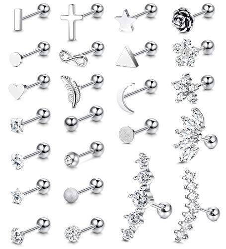 LOYALLOOK 24PCS 16G Stainless Steel Cartilage Stud Earrings CZ Ball Moon Star Heart Flower Leaf Cross Helix Tragus Conch Daith Piercings Jewelry for Women Men