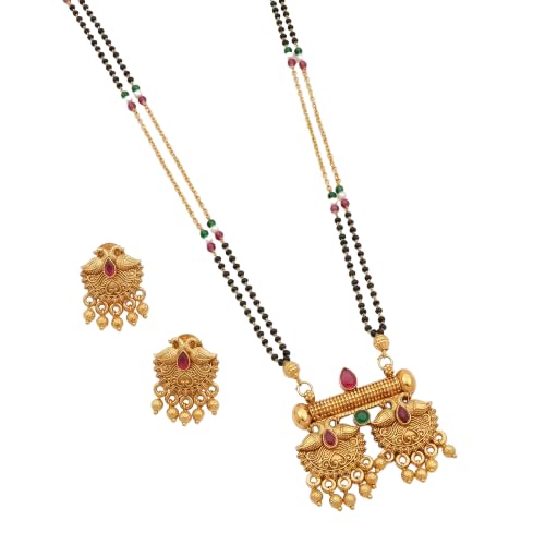 Traditional Maharashtrian Double Vati Mangalsutra Set, Antique Gold-Plated Pendant with Elegant Peacock Motifs, Ruby & Green Stone Accents, Classic Black Bead Chain for Weddings (N_t_VATI_9)-image-5
