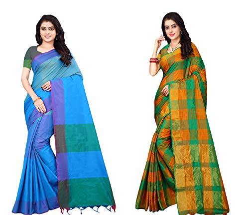 Dhruvi Trendz Soft Cotton Silk Saree For Women Half Sarees Under 349 Beautiful For Women Saree Free Size With Blouse Piece Blue Light Orange Living Mart