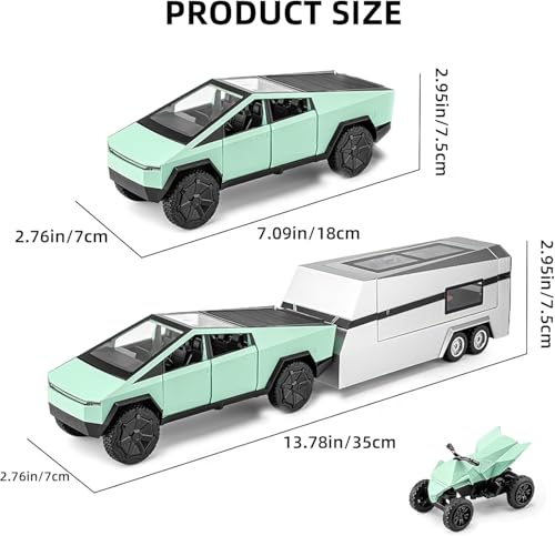 Image of PLUSPOINT 1 /32 Alloy Tesla Toy car Cybertruck Toy Pickup Trailer RV Model Kit with Beach Motorcycle, Diecast Alloy Metal RV Car Model Cyber Truck Toy with Sound Light and Pull Back,Birthday Gifts