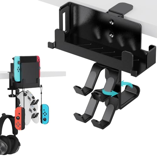 JDGPOKOO 4 in 1 Under Desk Clamp for Nintendo Switch/OLED, Switch Holder Mount with 360° Rotatable Headphone Hanger and Controller Holder, Headset and Controller Stand for PS4, PS5, Xbox, PC