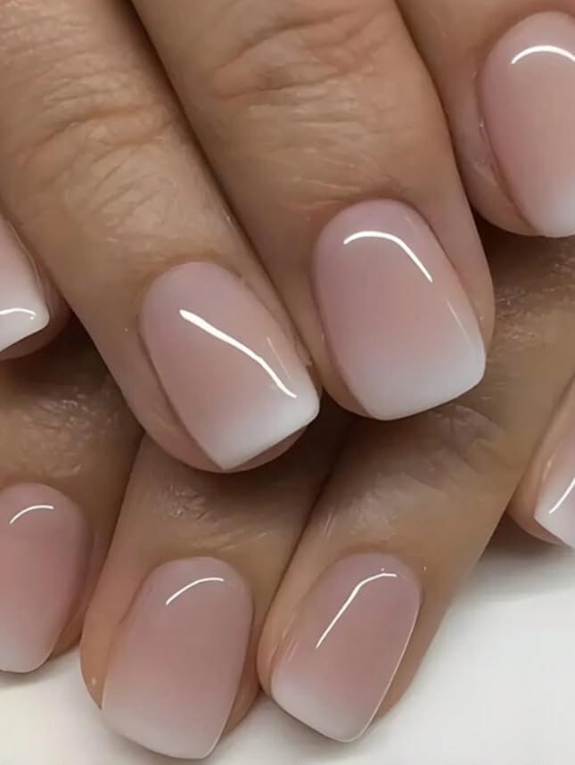 24-Piece Long Almond French Press-On Nails Kit, White Tips, Full Coverage Artificial Nails with File (Ombre Nude - Square - Short)