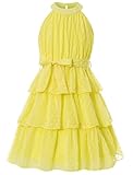 Move Dance Girls Halter Neck Dress Yellow Summer Flared Midi A-Line Sundress Swiss Dot Sleeveless Casual Layered Chiffon Dresses with Belt 10-11 Years Old