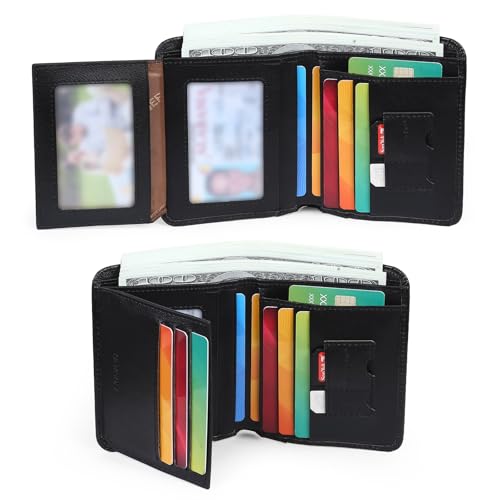 Mens Leather Wallet，Mens Trifold Wallet, RFID Blocking Wallet,Leather Wallet For Men,2see-through Id, 9 credit card slots, with, 2-pocket money divider,Large Capacity Wallet (Black)2