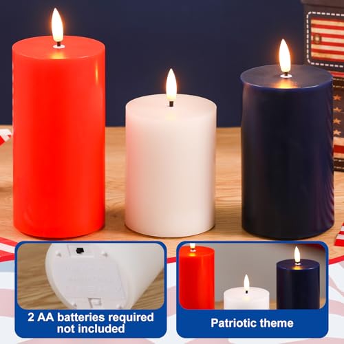 Image of Hiboom 3 Pcs 4th of July Flameless Candles Patriotic Red White and Blue LED Flameless Pillar Candles Real Wax Multicolor Fake Battery Operated Wedding Decor, H 3.94 inch 4.92 inch 5.91 inch x D 2.95 inch