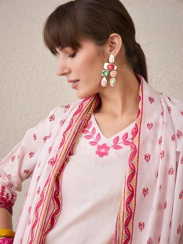 Image of INDO ERA Women's Pure Cotton Straight Ethnic Motifs Printed Inches Kurta With Pant with Dupatta Set (IESTR9762)
